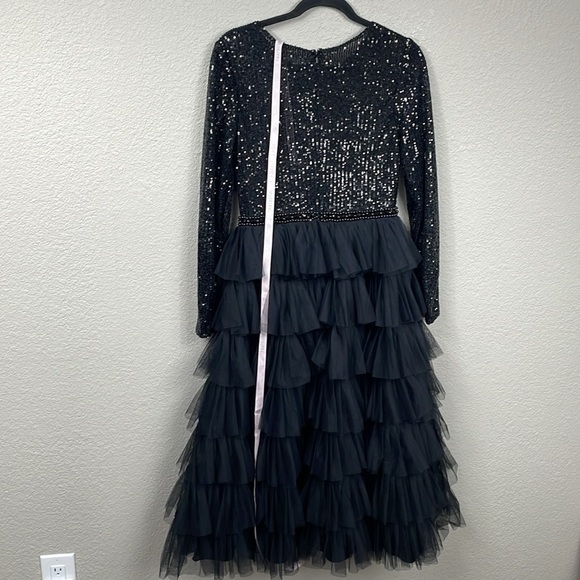 NWT Ieena Mac Duggal Black Long Sleeve Ruffle Tiered Midi Dress Sequin Sz 4 - Picture 6 of 16